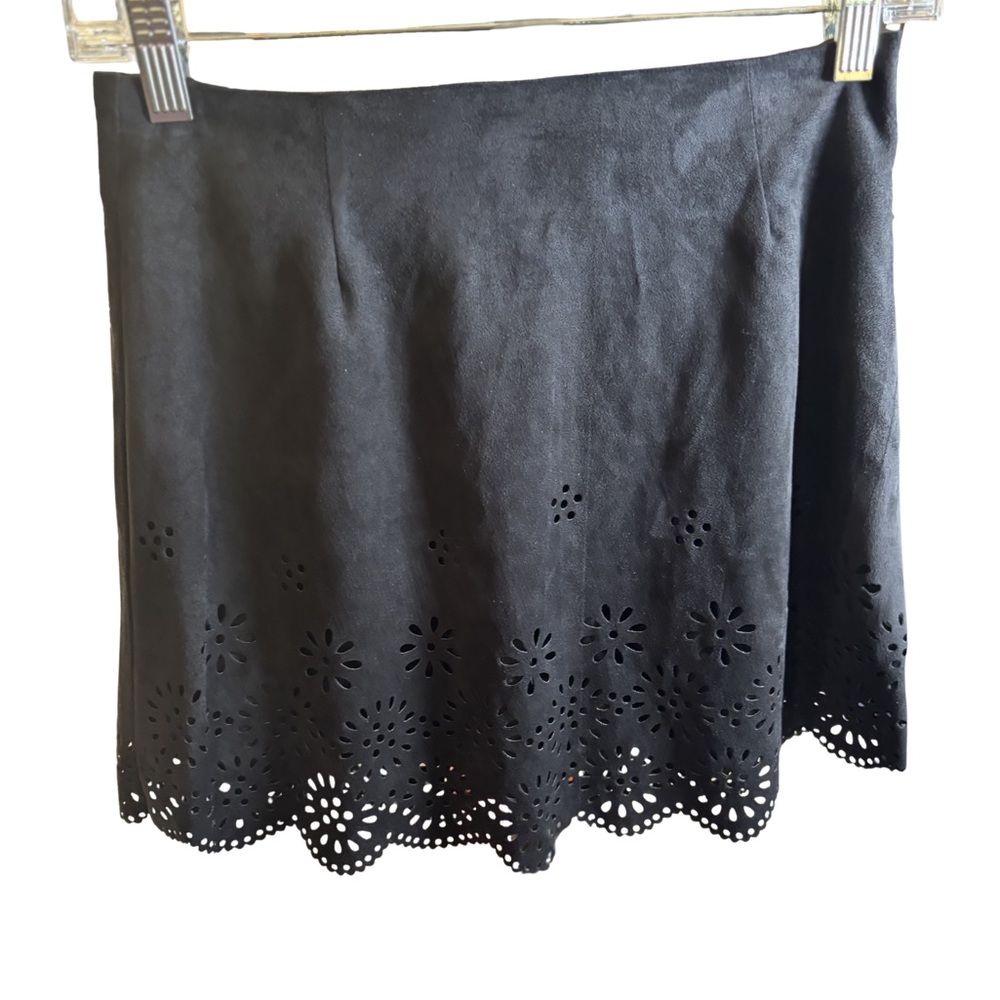 Sans Souci Black Laser-Cut Mini Skirt Coquette Girl Small Suede Feel NWOT